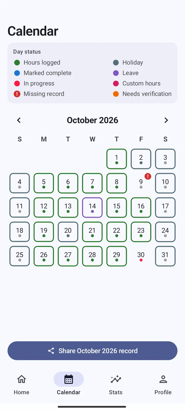 Cloksy calendar showing a month of logged days