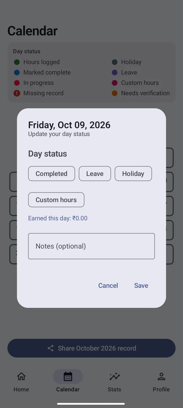 Day status dialog with Completed, Leave, Holiday and Custom hours