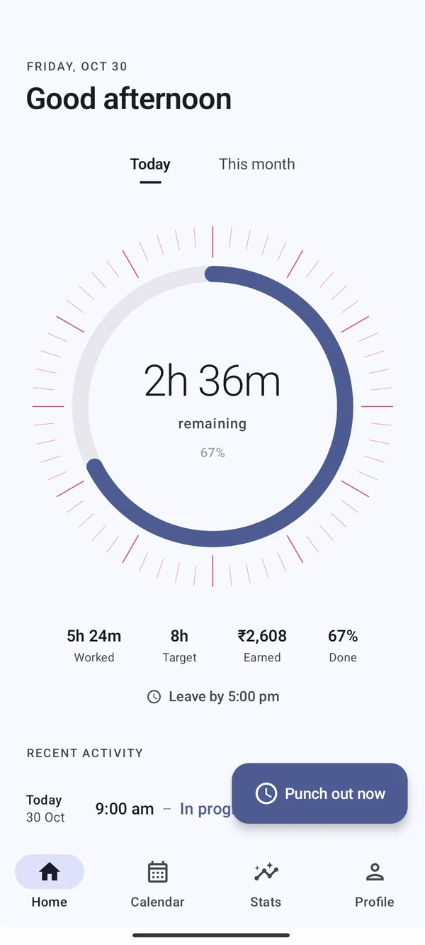Cloksy home screen with progress ring and leave-by time
