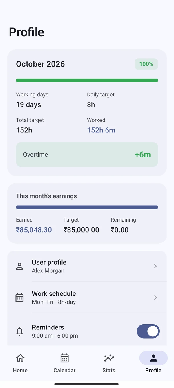 Profile screen with the month summary and settings