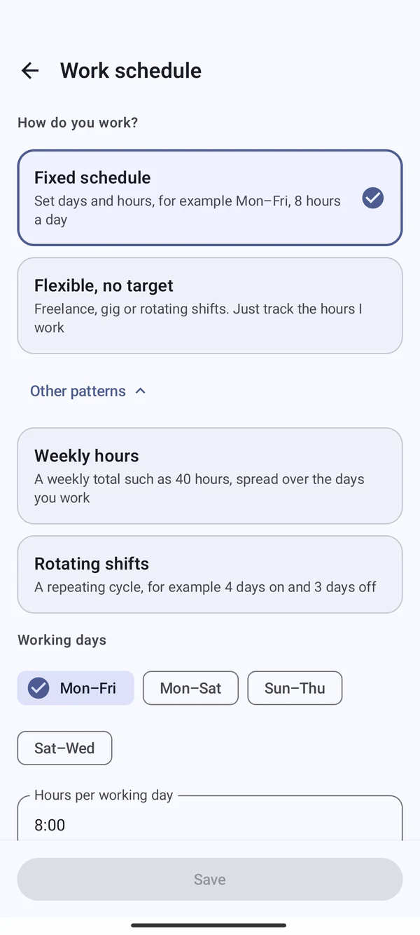 Work schedule screen with four ways to work